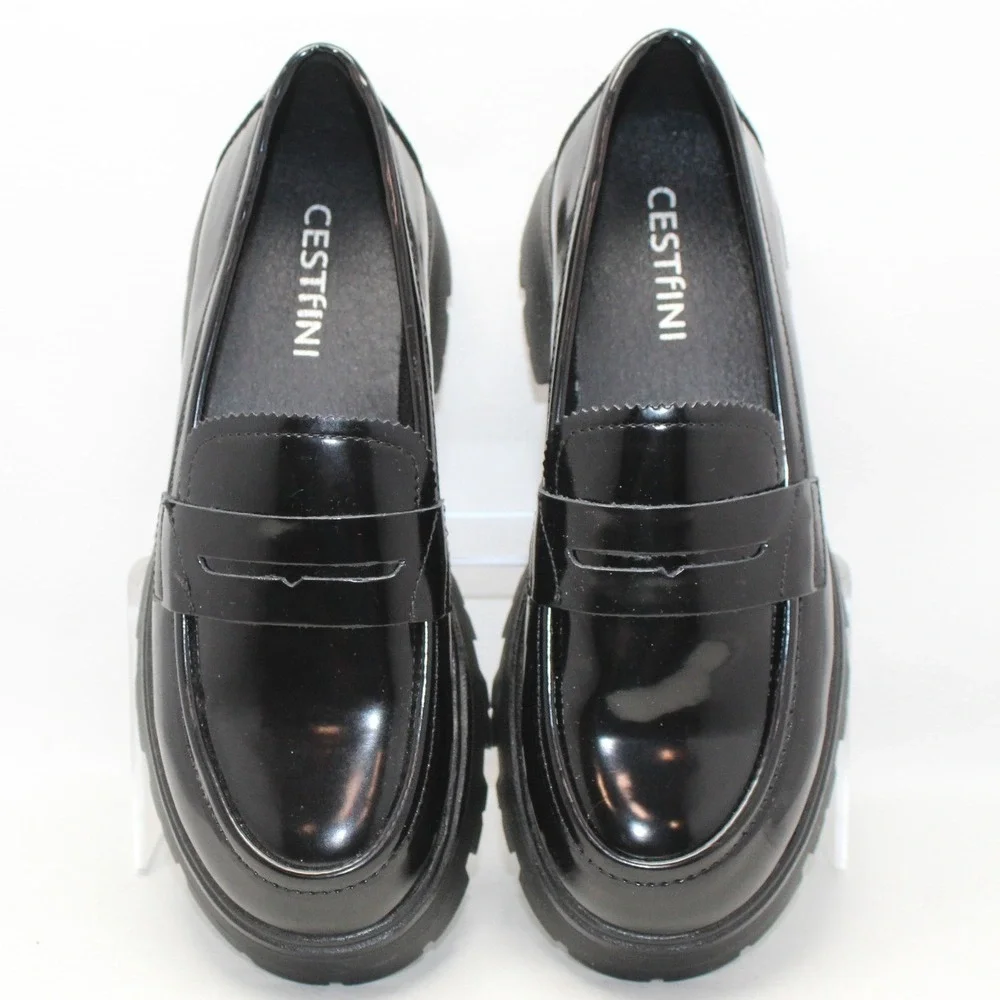 Cestfini Womens Black Patent Lug Sole Chunky Platform Penny Loafer Size 6.5 NWOB